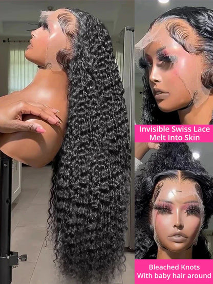 250% High Density 40 46inch Curly Wigs Raw Human Hair 13x4 13x6 HD Lace Frontal Wigs Human Hair Deep Wave Frontal Wigs on Clearance Sale Cheap Wig Pre Plucked with Baby Hair Original Vietnamese Wigs Wet and Wavy Water Wave La