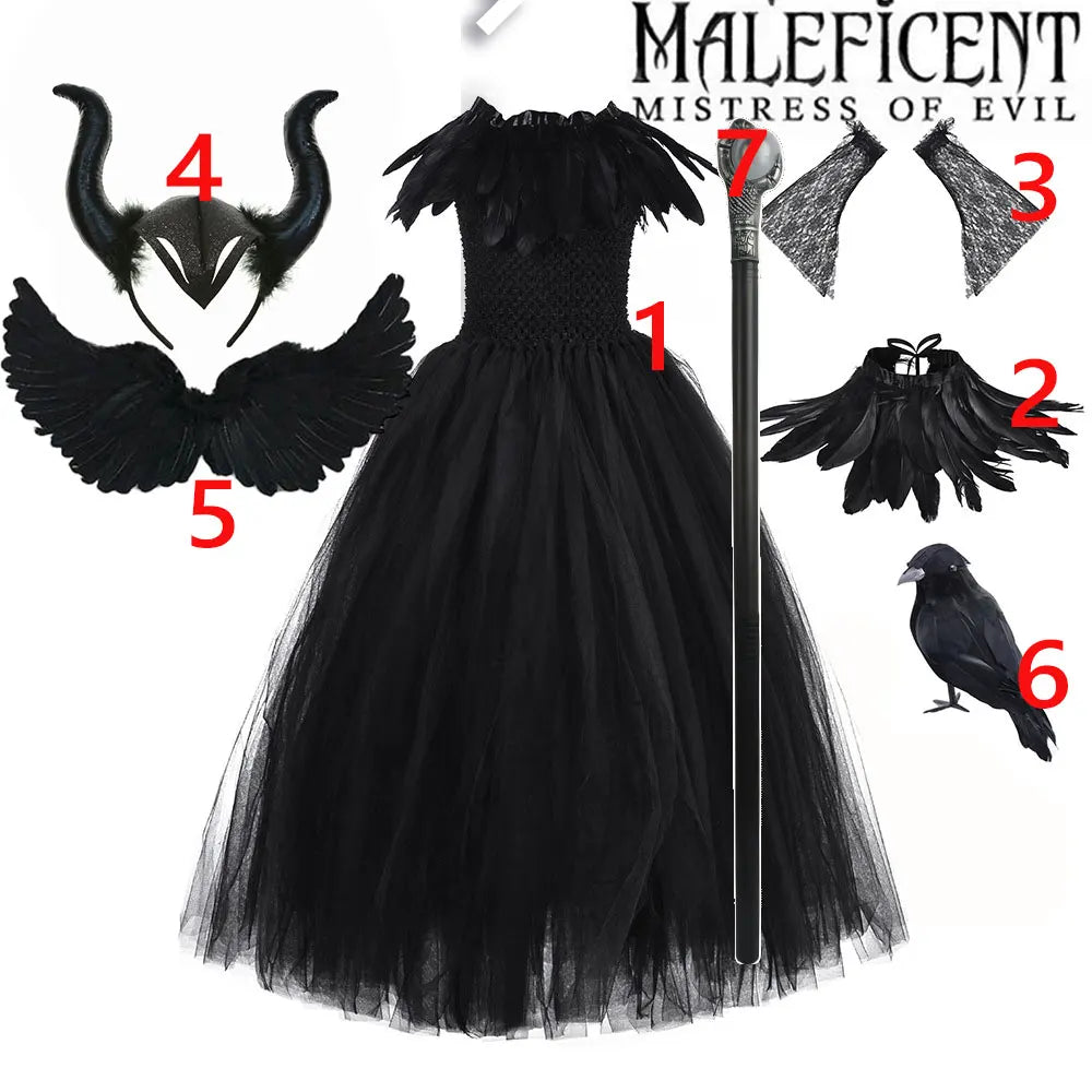 2-10Yrs Maleficent Girl Evil Queen Black Tutu Dress with Feather Scarf Halloween 2026 Villain Party Gothic Costume Gown Vestidos