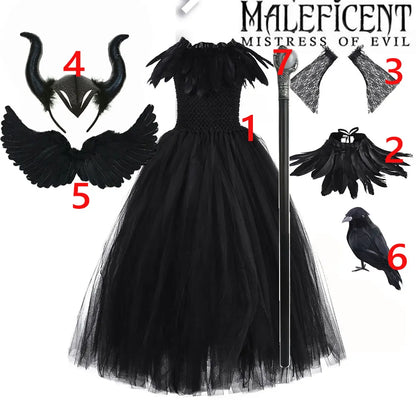 2-10Yrs Maleficent Girl Evil Queen Black Tutu Dress with Feather Scarf Halloween 2026 Villain Party Gothic Costume Gown Vestidos