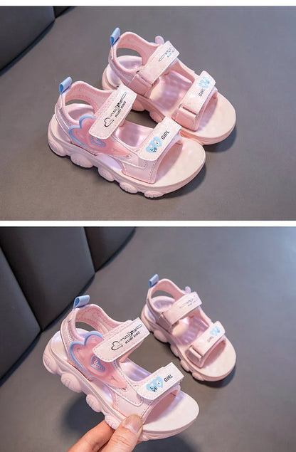 2026 New Summer Girls Sports Sandals Love Heart Decor Soft Non-Slip Beach Sandals For 3-12 Years Old Kids