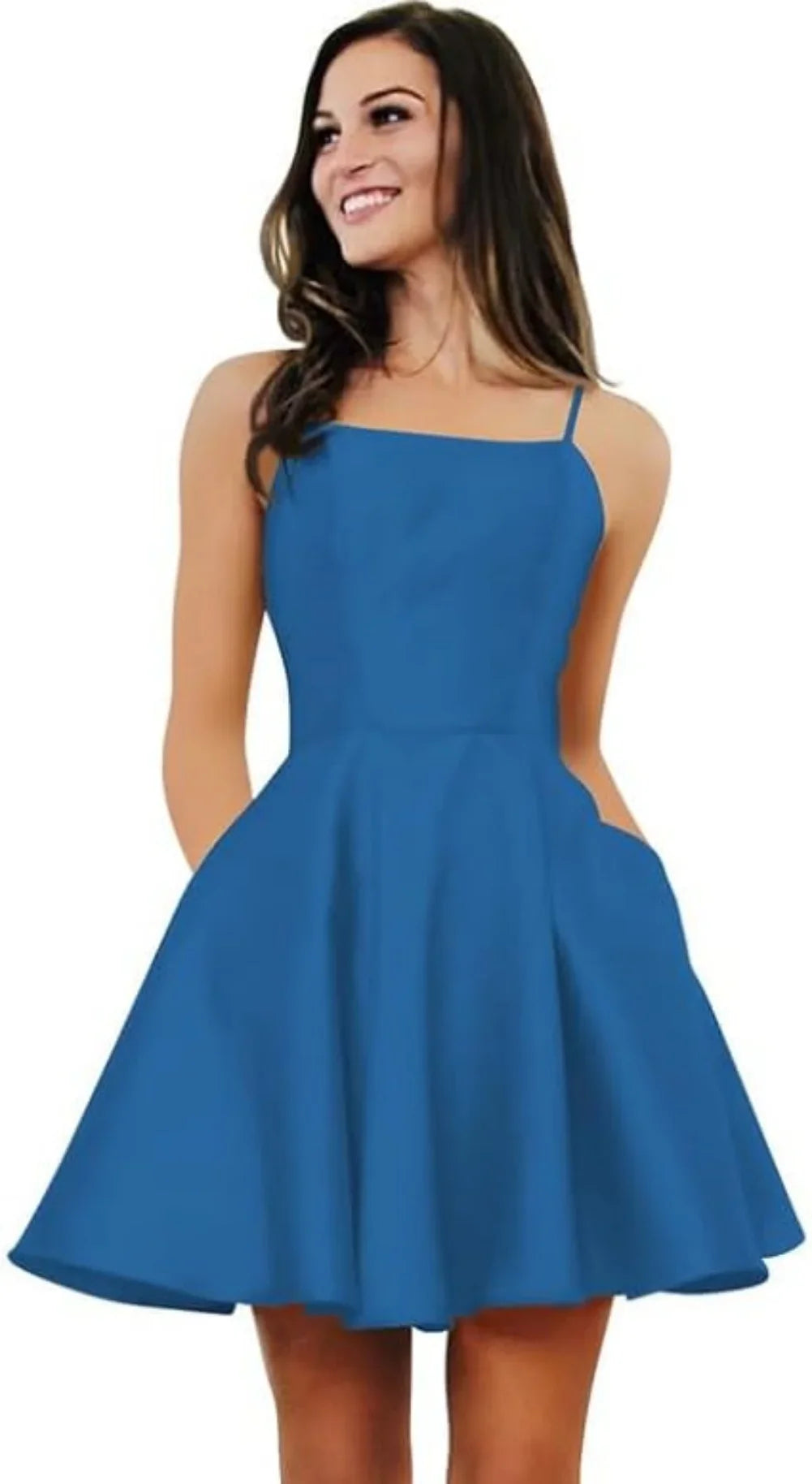Short Homecoming Dresses for Teens With Pockets Spaghetti Straps Satin Prom Dress for Women A-line Knee Length Party Dress