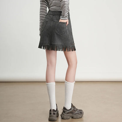 Tassels Rivet A-line Half Skirt 2025 Autumn Short Skirts Fashionable and Gentle Casual  Women's Half Skirt