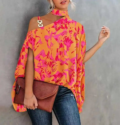 Loose Halter Neck Shawl Top Stylish Halter Neck Bat Sleeve Blouse for Women Loose Fit Pullover Tops with Skew Collar for Summer