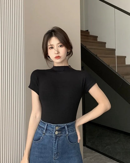 1pcs Girls Summer Solid T-shirts Womens Classic Basic Fashion Tees New Students Short Sleeve Slim Tops Females Mock Neck Tshirts