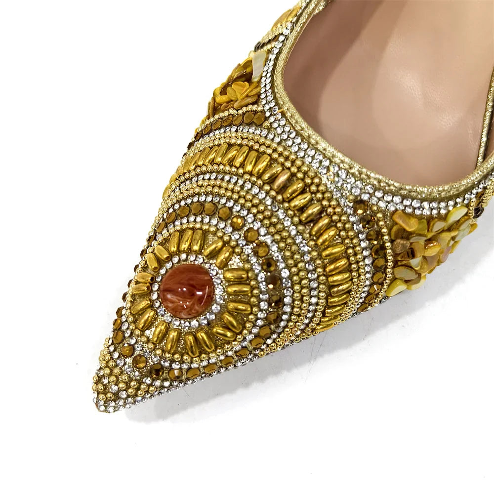 2025 Moda Mais Recente Chegada Laranja Ponta Fina Sandálias Femininas Sapatos com Bolsa Conjunto para Senhoras Festa de Casamento Salto