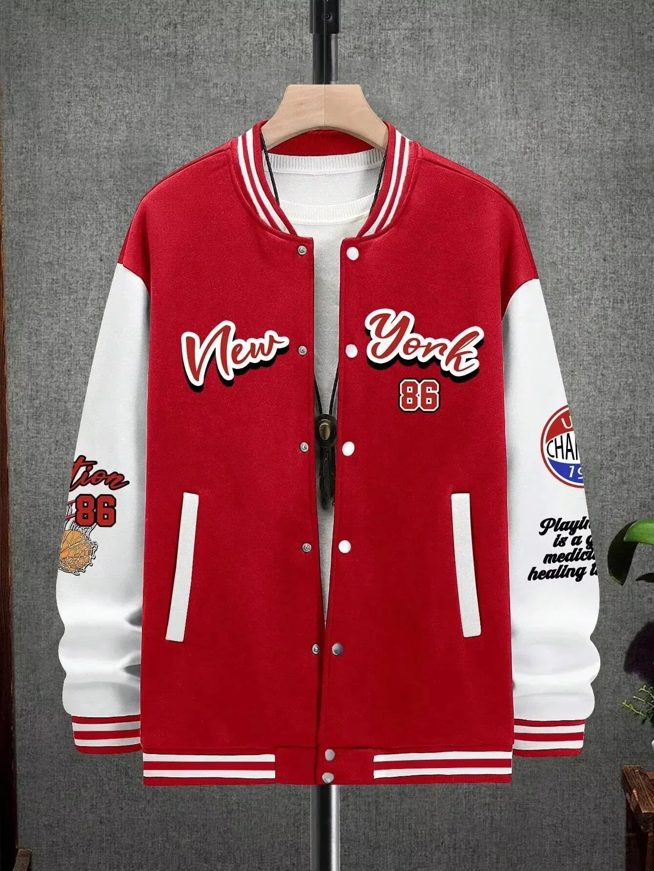 Summer Manfinity EMRG Oversized Men's Drop Shoulder Varsity Jacket with Letter Graphic Striped Trim and Colorblock Design