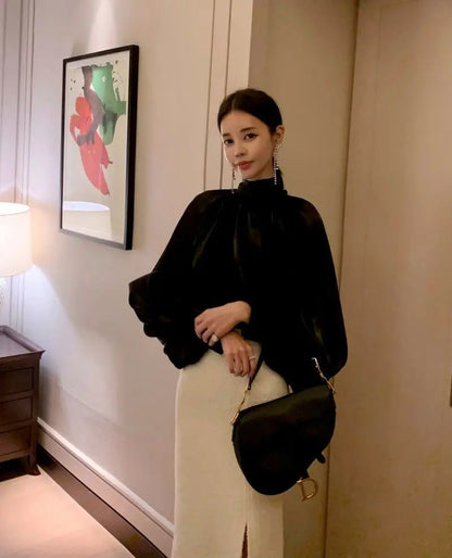 Spring Autumn Women Fashion Tops New Shirts Lantern Sleeve Stand Collar Solid Casual Vintage Elegant Temperament Long-Sleeved
