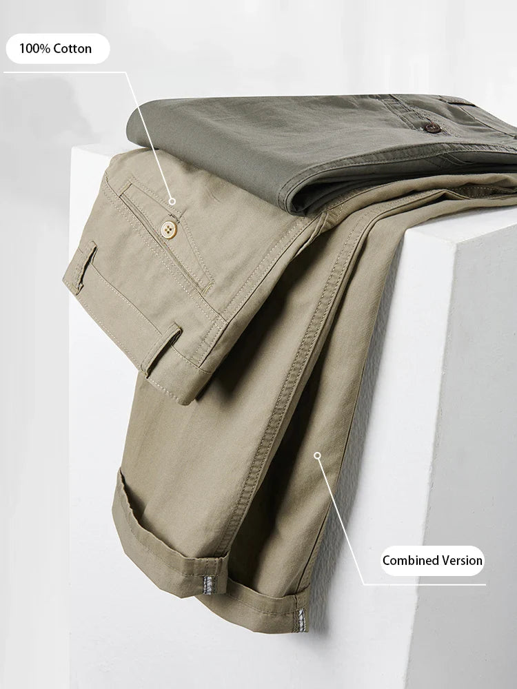 Cotton Pants Men's Straight Leisure Business Trousers Solid Autumn Winter Chinos Belted Pants Dad Elderly Formal Trousers