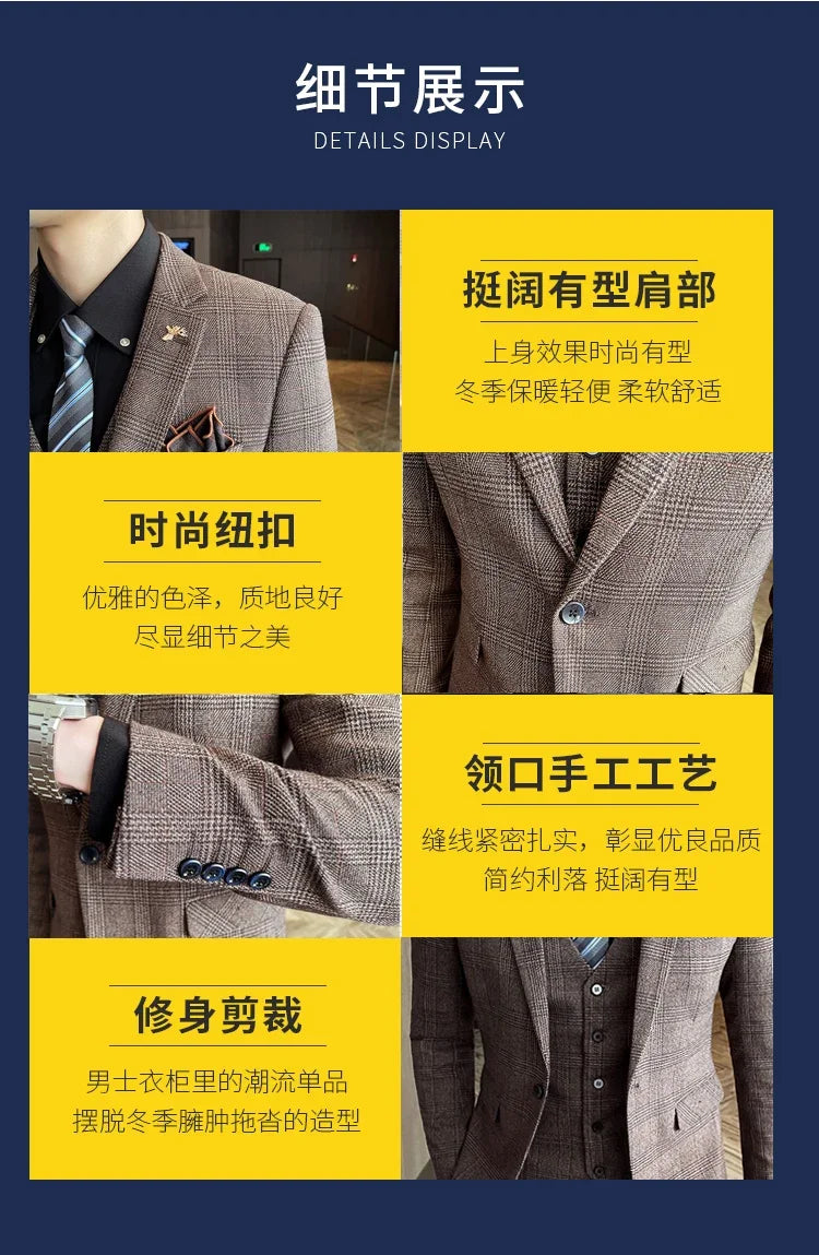 Checkered Suit (Blazer+Vest+Pants) Men's Fashion Hosting Work Business Wedding Casual Linen Art Style Elegant Gentleman's Suit