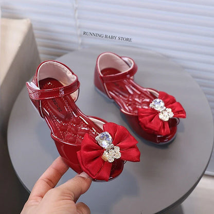 Girl's Fish Mouth Shoes with Rhinestone Bear Decos Prom Party Sandals for Kids Girl Nice Butterfly-knot Students Footwear I10281