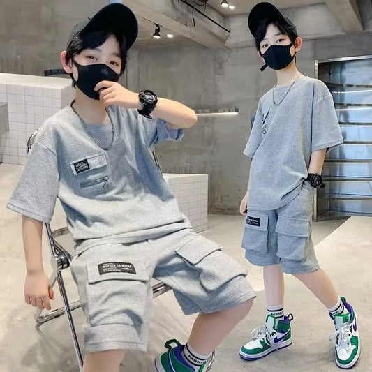 Summer Kids Boys T-Shirt+Shorts 2-Piece Set Letter Printing Children Teen Loose Comfortable Sports Casual Clothes 4-14 Years Old