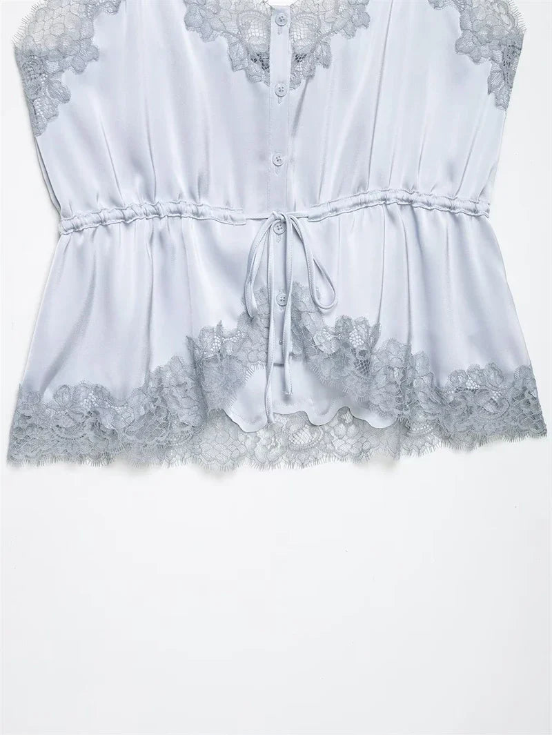 Women's Top 2026 New Spring Summer Lace Decoration Satin Textured Top for Women Chic Personality Female Spaghetti Strap Top