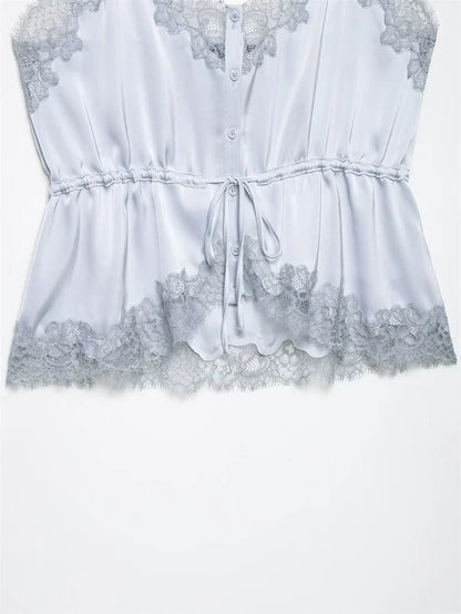 Women's Top 2026 New Spring Summer Lace Decoration Satin Textured Top for Women Chic Personality Female Spaghetti Strap Top