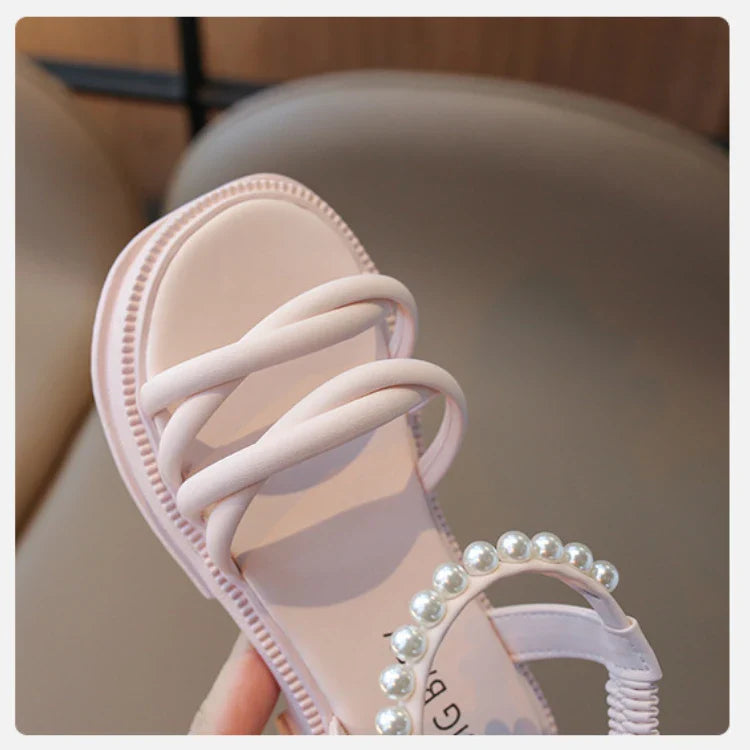 Girl Sandals Summer Children Princess Causal Pearl Beach Shoes Fashion Open-toe Kids Flat Sandals Solid Color Versatile Slip-on