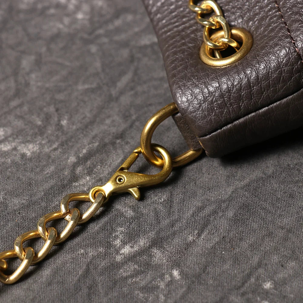 Metal Drawstring Versatile Women's Handbag Genuine Leather Chain Crossbody Bag Vintage Bucket Bag Mobile Phone Bag