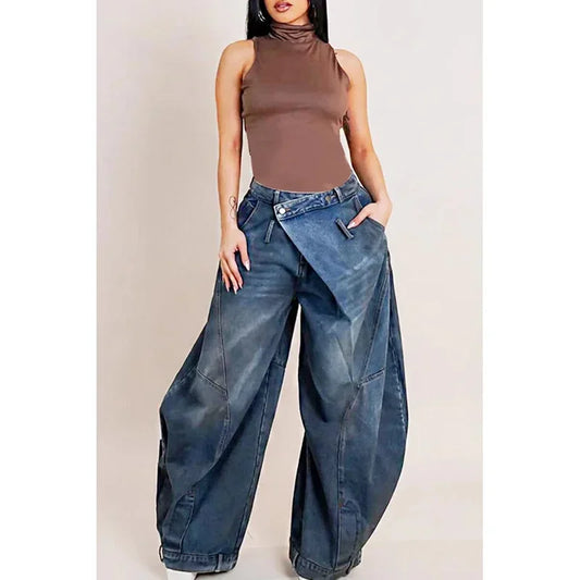 Y2K Women Loose Denim Jeans Asymmetric Button Pocket Washed Jean Casual Harajuku High Street Grunge Denim Trouders Pants