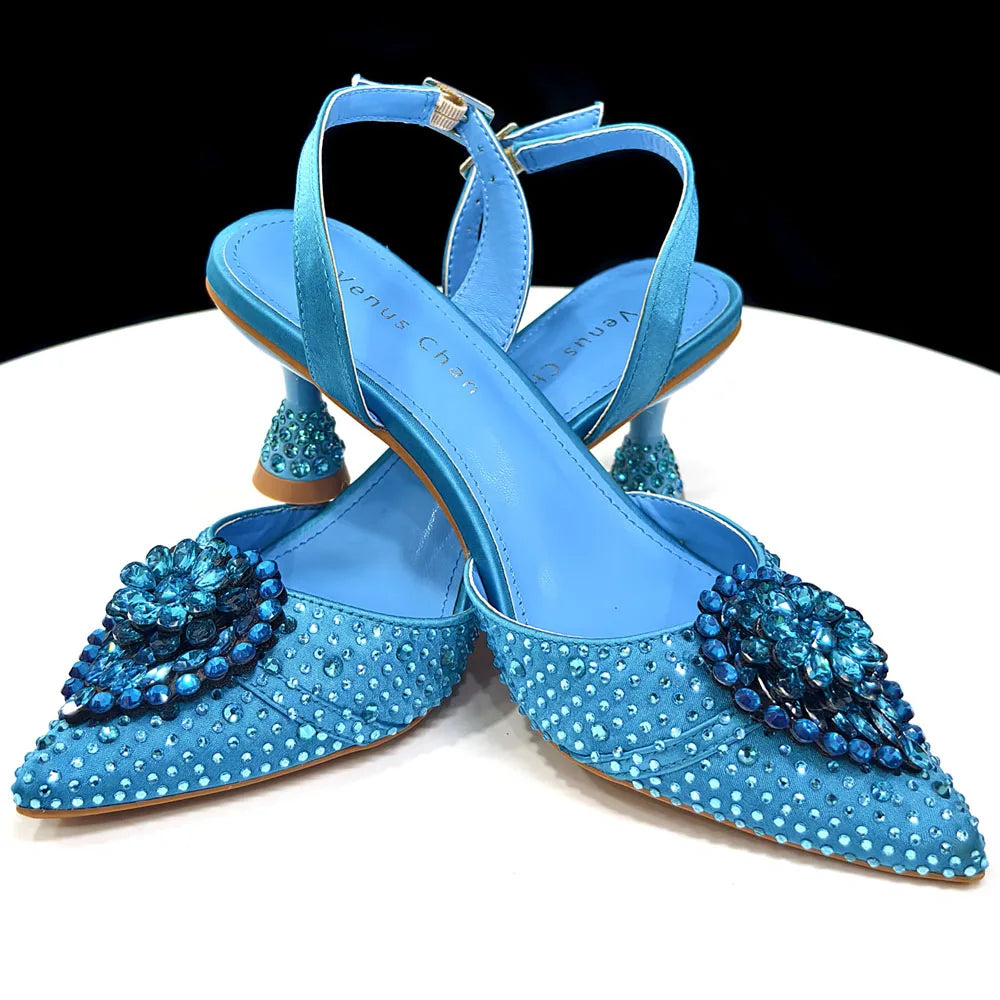Blue Color Rhinestone Comfortable high heel shoe And Bag Fashion Style Pointed-Toe Shoes For Women Or Commuting Shoes