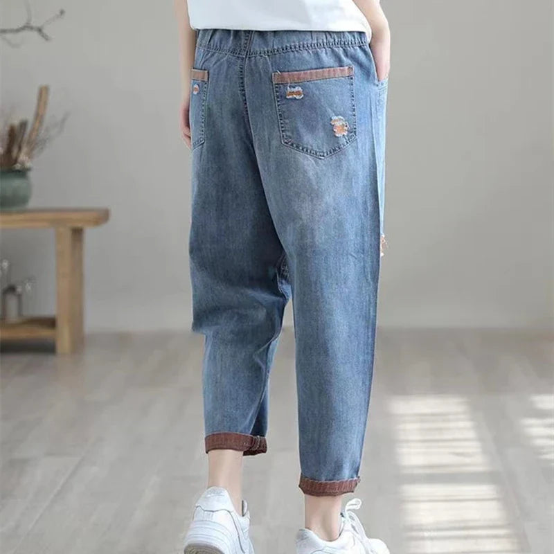 Calça Jeans Feminina de Cintura Alta Elástica Casual