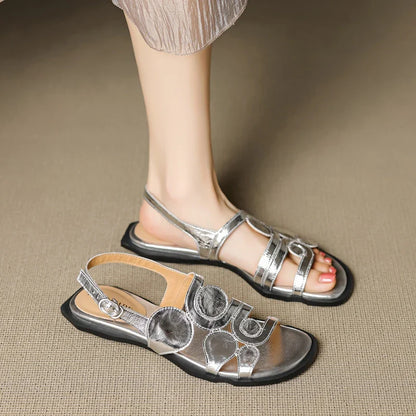 Women's New Round Head Spring/Summer Genuine Leather Sheepskin Spliced Low Heel Large Size Elastic Open Toe Sandals