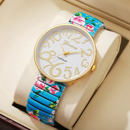 1/2/3/4PCS Fashion Flowers Printed Women Watch Luxury Elastic Strap Arabic Quartz Watches Reloj Mujer Girls Clock（Without Box）