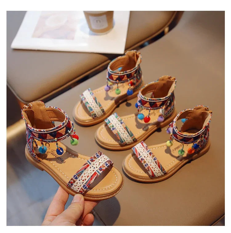 Ethnic Style Simple Children Roman Shoes 2024New Soft Breatheable Flats Open-toe Kids Shoes Non-slip Girls Sandals GLADIATOR
