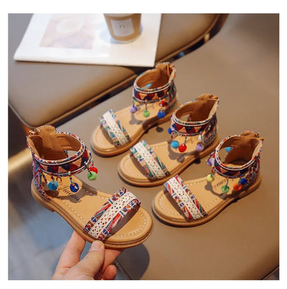 Ethnic Style Simple Children Roman Shoes 2024New Soft Breatheable Flats Open-toe Kids Shoes Non-slip Girls Sandals GLADIATOR