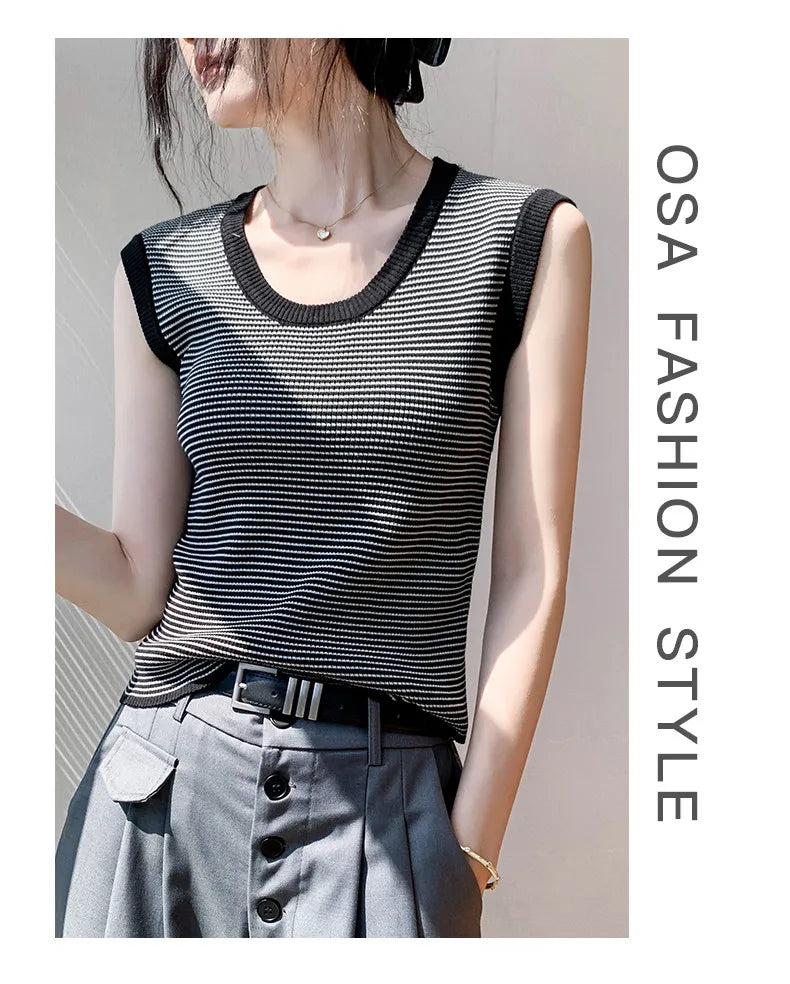 2026 Spring Summer O-Neck Striped Vest Top Simple Slim Fit Sleeveless Casual Versatile Women's Tank Top