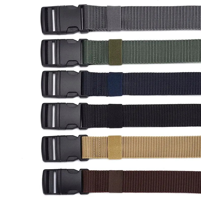 Men's Outdoor Tactical Belt - No Metal Buckle (Plastic), Nylon Canvas Woven, Heavy Duty High Quality Webbing