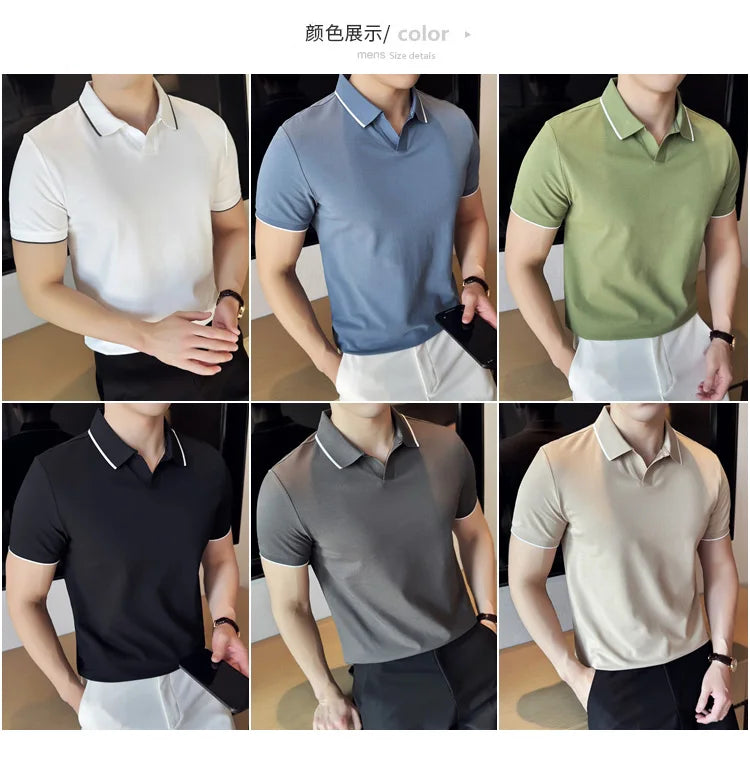 Business Casual Solid Color Men's Polo Shirt, 2024 Summer Classic, Men Short Sleeve V-neck T-shirt, Slim Fit Spliced Polo 4XL-M