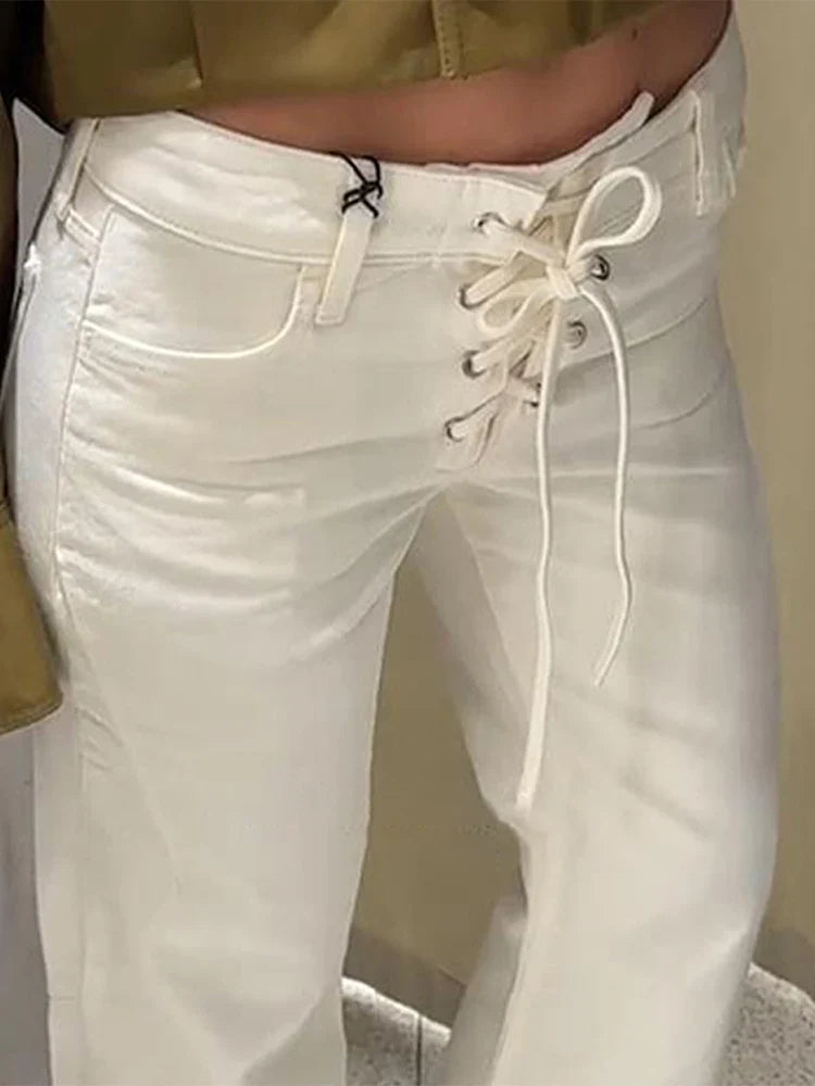 Drawstring Lace Up Women Jeans White High Waist Pockets Straight Female Denim Pants Female 2025 Summer New Fashion Lady Pant