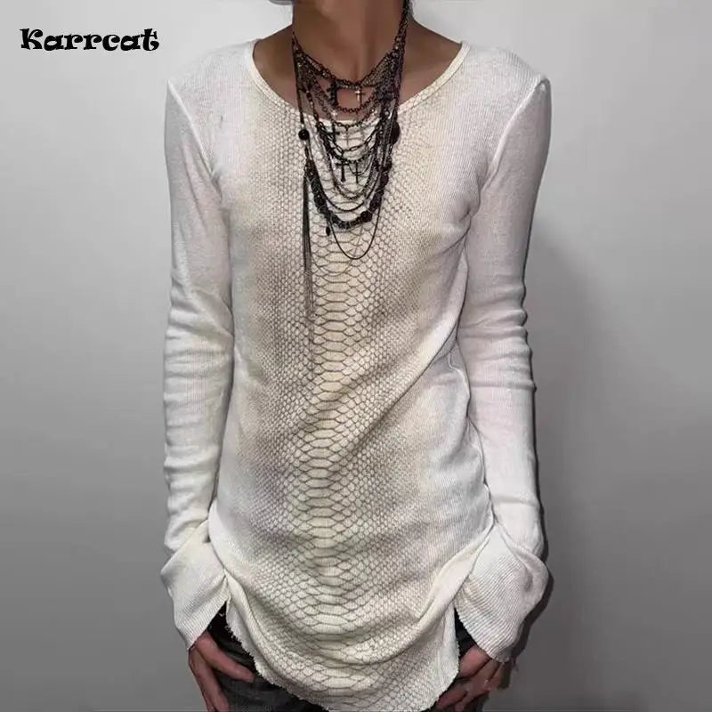 Y2k Snakeskin Print T-shirt Grunge Aesthetics Long Sleeve Knitted Tops Vintage 2000s Streetwear American Retro