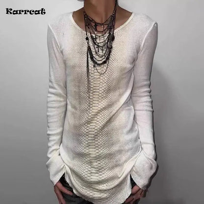 Y2k Snakeskin Print T-shirt Grunge Aesthetics Long Sleeve Knitted Tops Vintage 2000s Streetwear American Retro