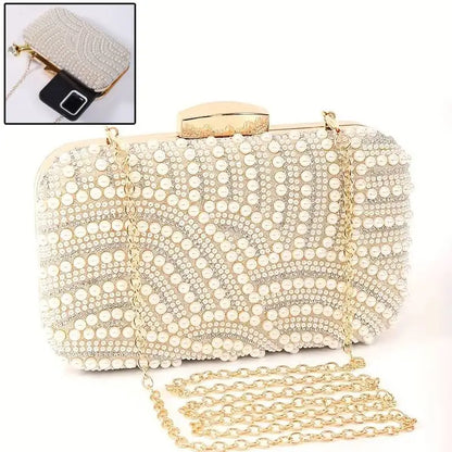 Ladies Pearl Elegant Evening Bag Fashionable Stylish Beading Wedding Dinner Party Banquet  Dress Clutch Bag with Long Chain