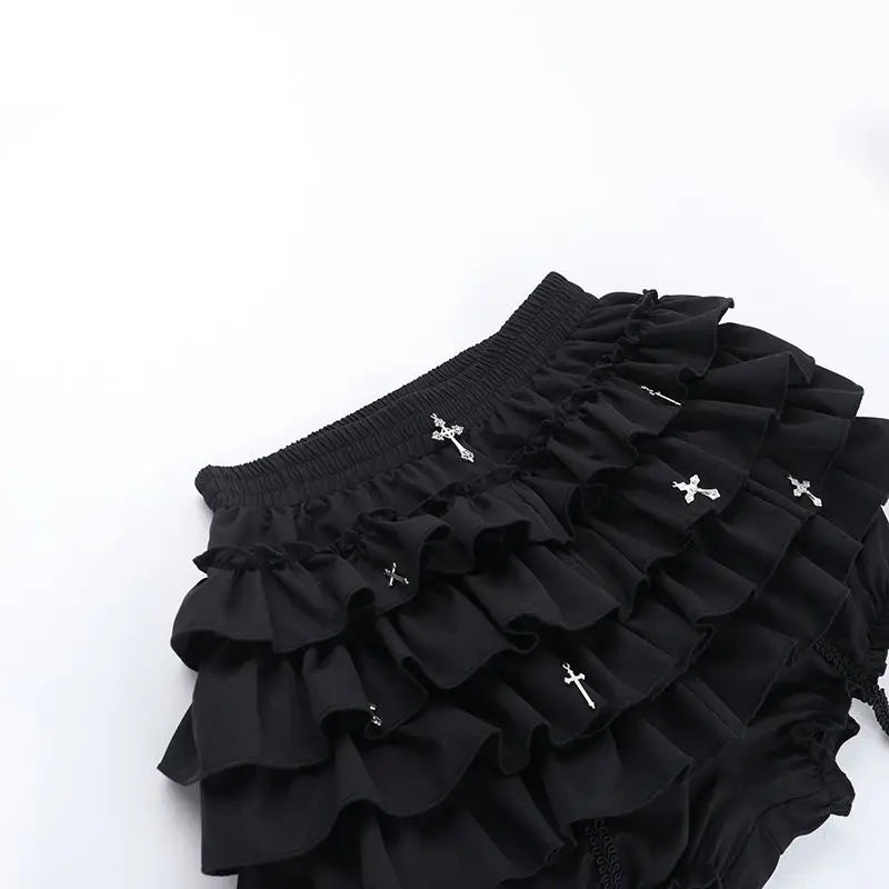 2026 Summer New Arrival Hot Girl Trendy Versatile Mini Skirt Dark Cross DesignTiered Cake Black Fluffy Skirts