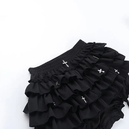 2026 Summer New Arrival Hot Girl Trendy Versatile Mini Skirt Dark Cross DesignTiered Cake Black Fluffy Skirts