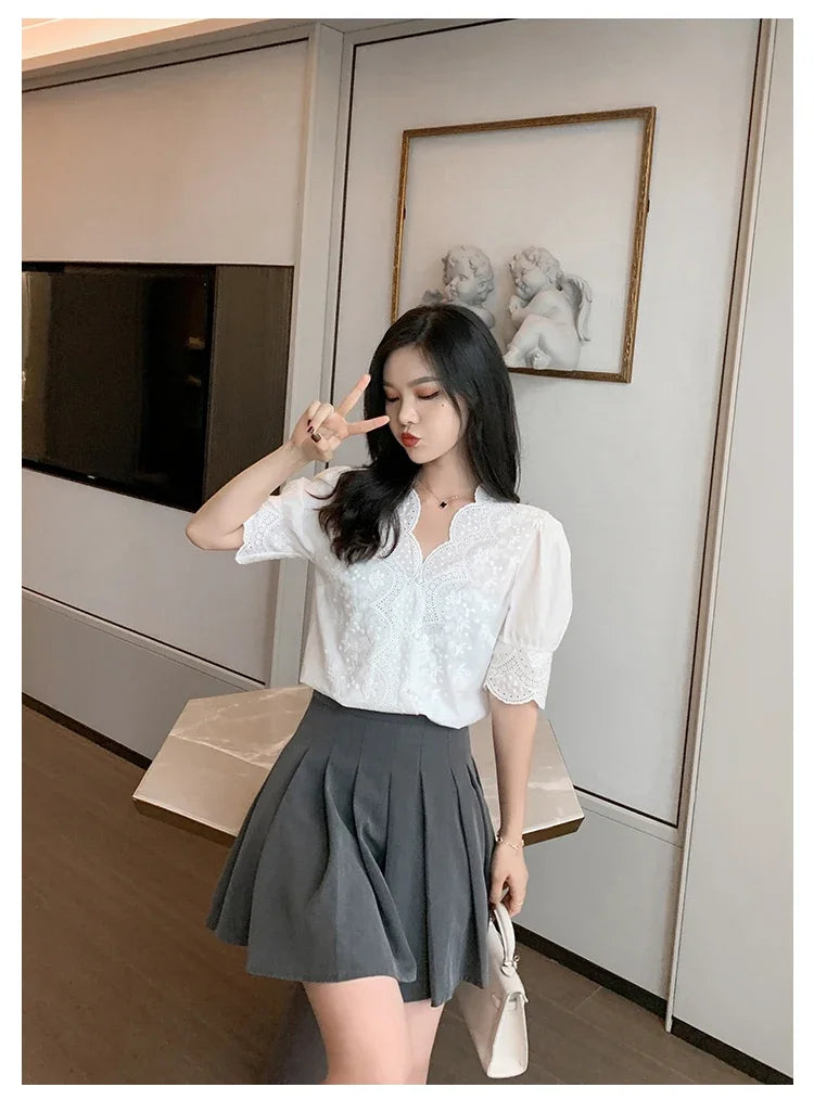 2026 Summer Embroidery Puff Sleeve Linen Cotton Women Blouse Spring Casual White Hollow Out Tops Short Sleeve Shirt