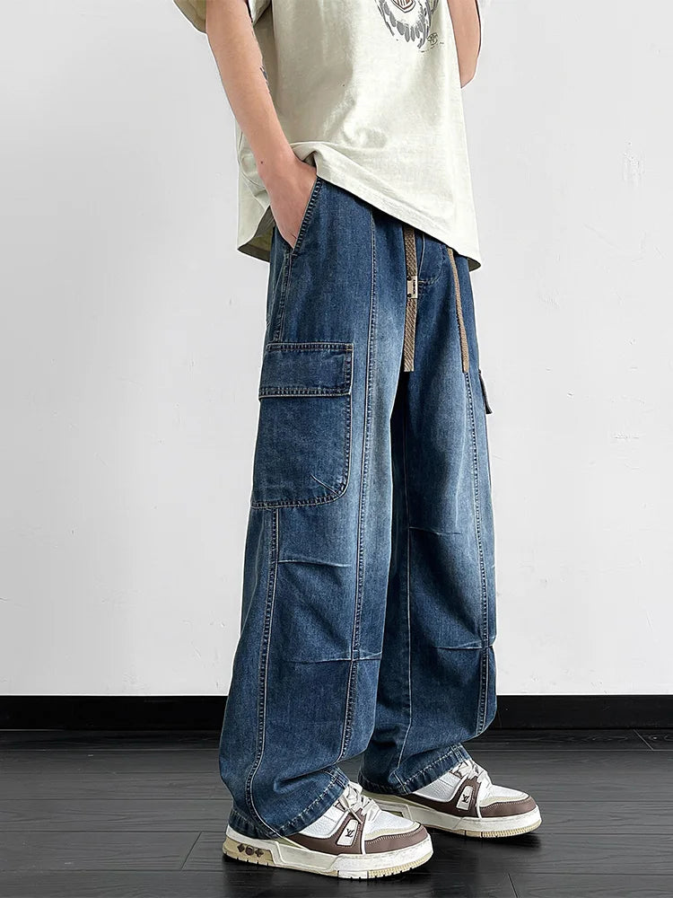 Men's Cargo Jeans with 5 Pockets Spring Summer All-Day Wide Leg Straight Baggy Jeans Brushed Warm Denim Pants Asian Size L-6XL