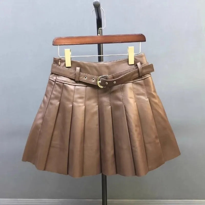 Autumn Women Sweet Sheepskin Genuine Leather Pleated Skirt High Waist Belt Fashion Casual Party Solid Color A Line Short Skirts