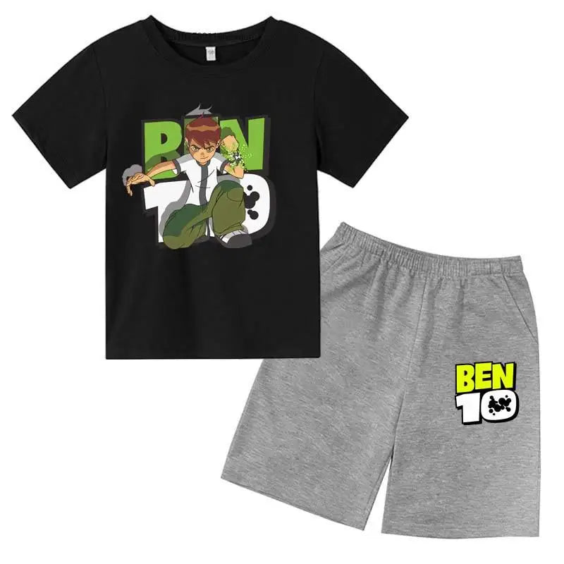 Kids Cartoon Ben Tennyson 10 Print Summer 2pcs Breathable Tees+Shorts Sports Suits 2-13Years Boys Girls Outfits Children Clothes