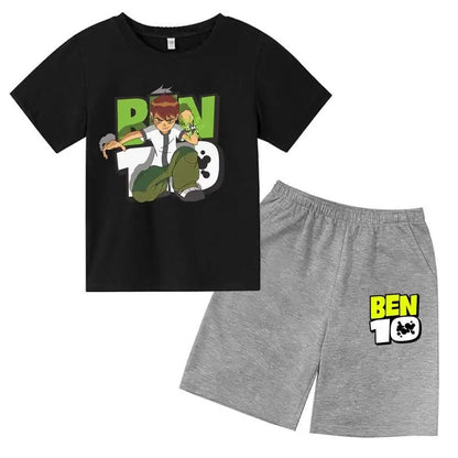 Kids Cartoon Ben Tennyson 10 Print Summer 2pcs Breathable Tees+Shorts Sports Suits 2-13Years Boys Girls Outfits Children Clothes