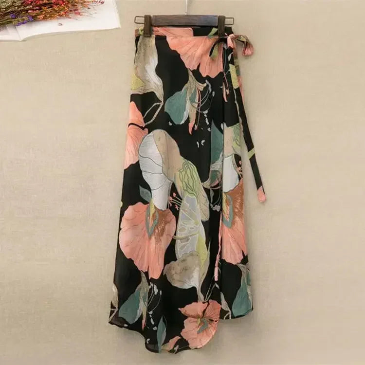 Wrap Skirts Women Casual Chiffon Tie-Waist Ruffle Wide Leg Loose