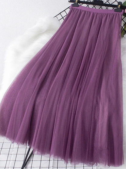 New large hem chiffon long skirt for women's Korean casual simple solid color three-layer A-line high waisted long skirt