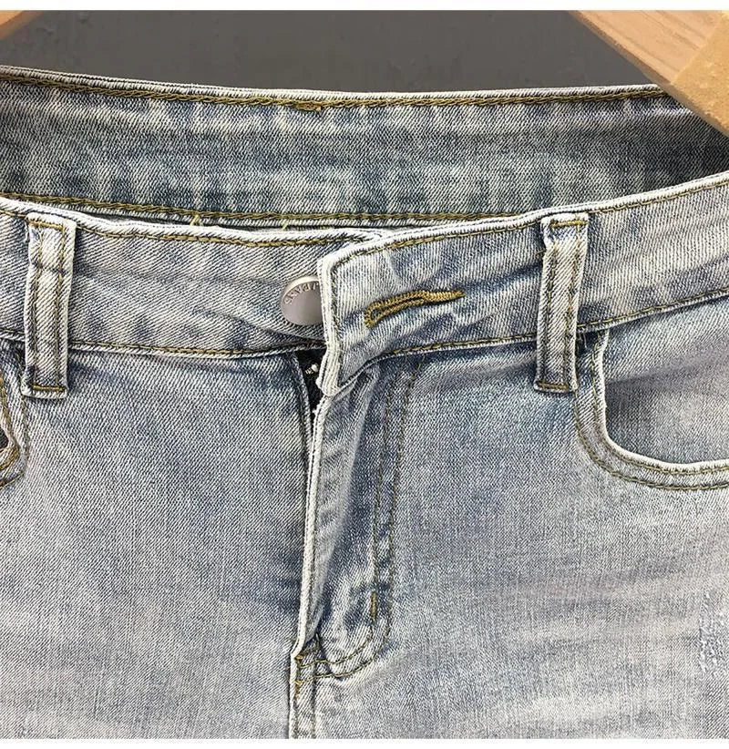 2023 Spring and Autumn New Men's Fashion Solid Color Ripped Jeans Men's Casual Comfort Elastic High-Quality Small Foot Pants