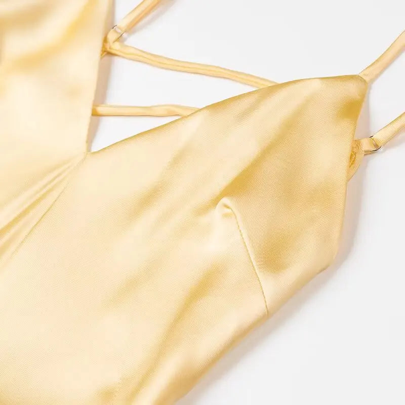 Women Summer Yellow Stain V Neck Sling Dress Elegant Sleeveless Loose Maxi Robes 2025 New Ladies Party Holiday Dresses