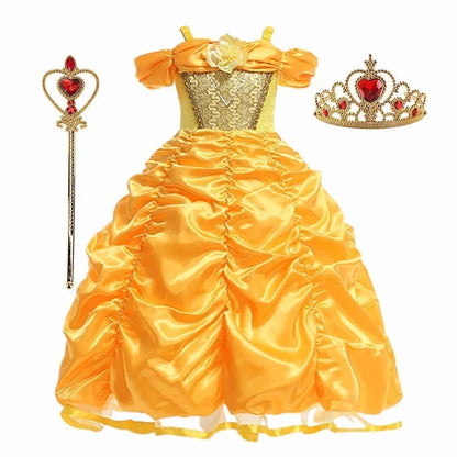 Girl Princess Dress Beauty And Beast Cosplay Costume Belle Praty Yellow Luxury Wedding Ball Gown Kid Carvinal Fancy Clothes