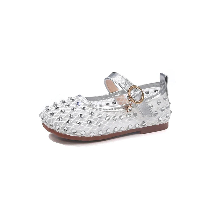 Summer Toddler Girls Princess Rhinestone Mesh Mary Jane Shoes Round Toe Hook Loop Non-Slip Soft Sole Casual Daily Walking Shoes