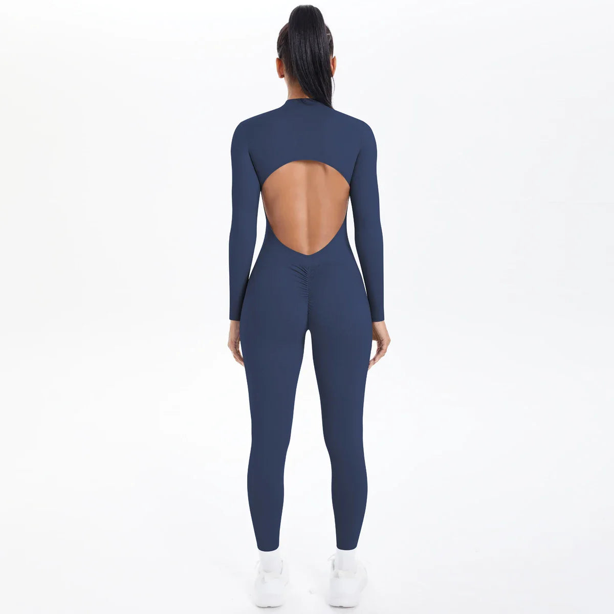 Solid Color Bodysuits for Woman's Backless Long Sleeved Zipper Yoga Jumpsuits High Dtrength Workout Sports Fitness Clothing Set