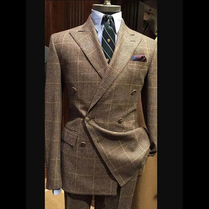 Houndstooth Men Suits 2 Pieces Sets Double Breasted Wide Peak Lapel Jacket Coat Business Blazers Customized Groom Wedding Tuxedo