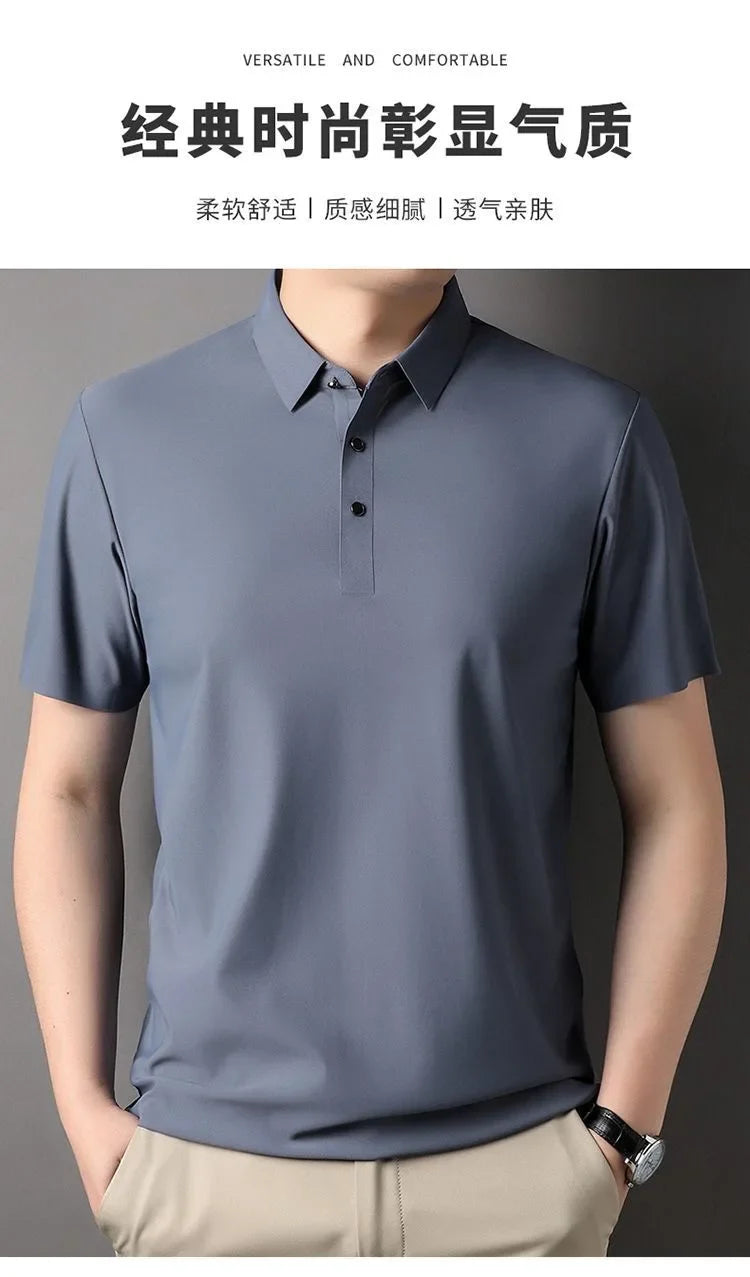 High quality wrinkle resistant ice silk short sleeve t-shirt men's summer Lapel loose casual solid color top high-end polo men