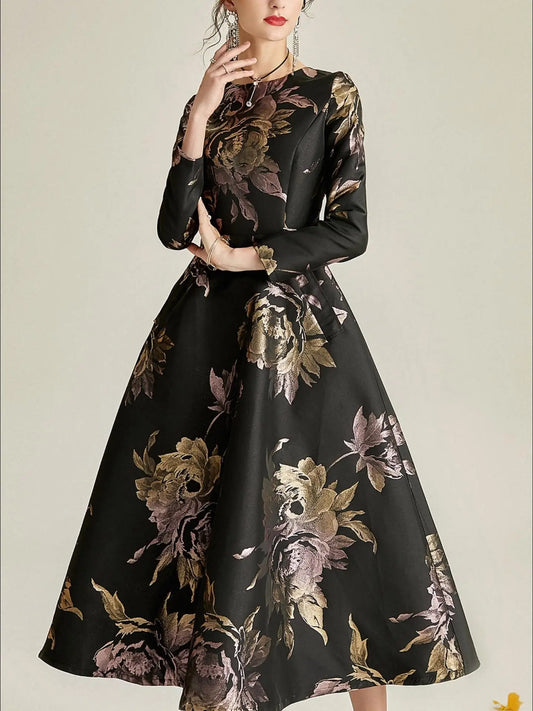 Luxury Women Long Maxi Jacquard Dress Spring Autumn Boho Floral Fashion Clothing Ladies Party Evening Ball Gown